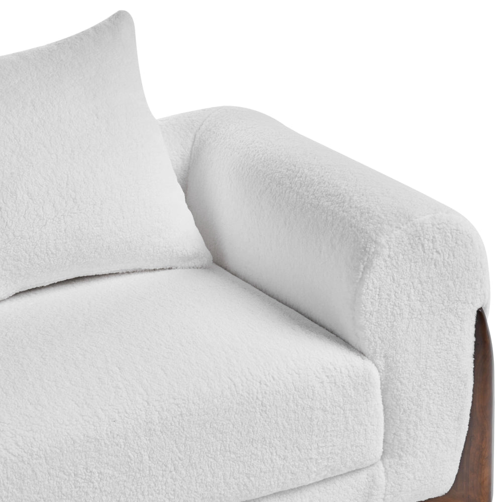 Divano a 3 posti Rivestimento in tessuto bouclè bianco Gambe in legno con braccioli Soggiorno Stile moderno