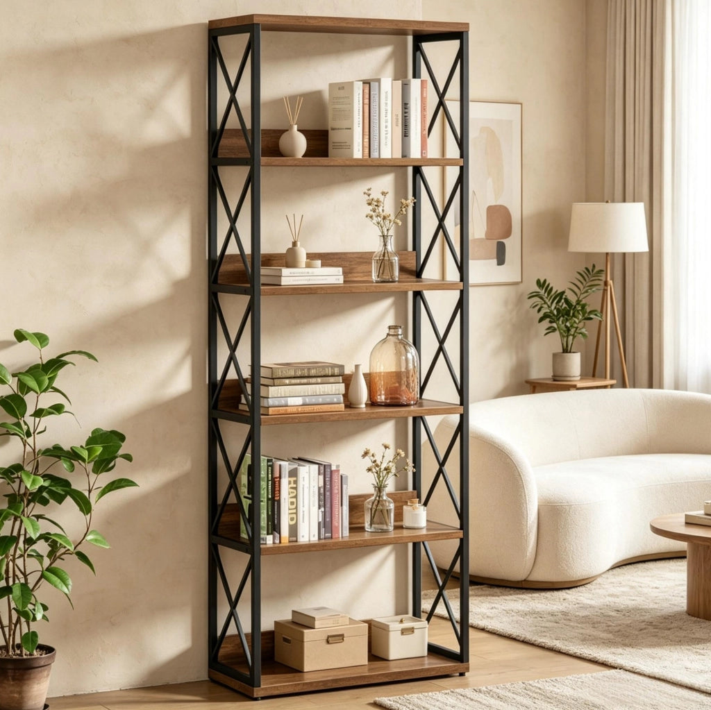 LIBRERIA Industriale 5 Ripiani 178 cm Metallo e Legno Nero/Marrone
