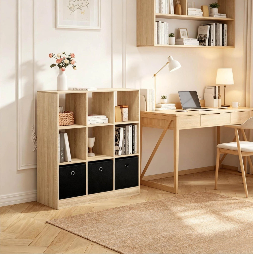 Libreria 80x30x86,5 cm nera e rovere chiaro, legno ingegnerizzato, 3 cassetti