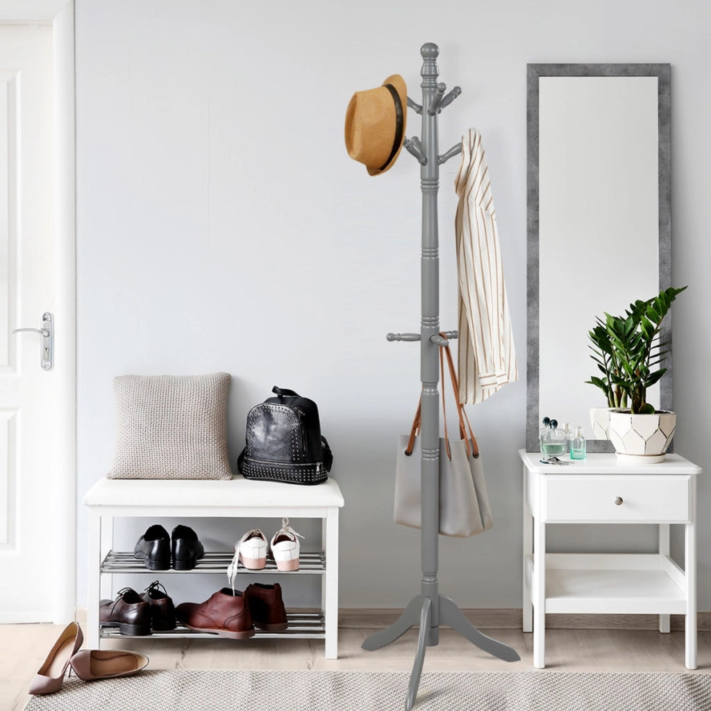 Attaccapanni ad albero in legno di gomma con 9 ganci, Appendiabiti da ingresso  altezza regolabile50x50x175cm Grigio-Appendiabiti