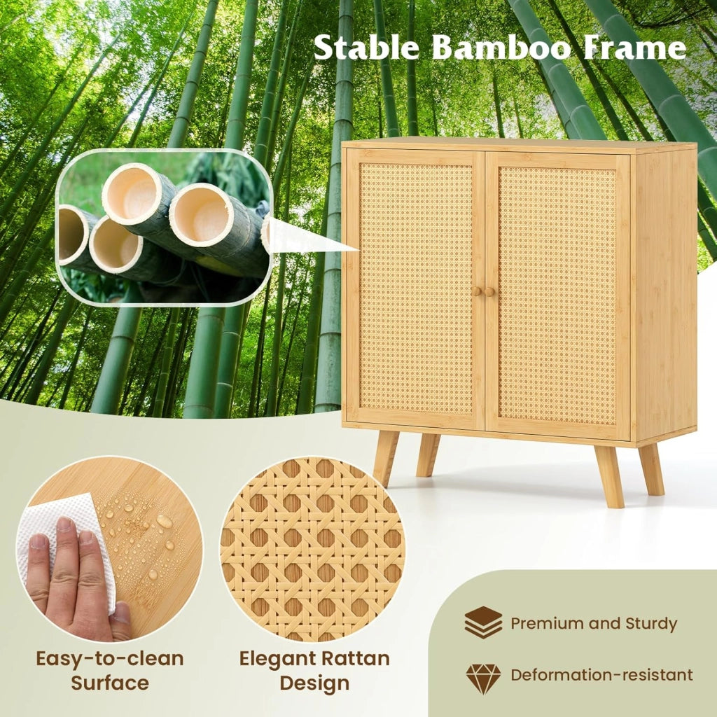 Credenza da cucina in bambù con 2 ante decorate in rattan, 80 x 34,5 x 85 cm, armadio a 2 livelli, stile boemo, mobile per sala da pranzo, soggiorno, camera da letto