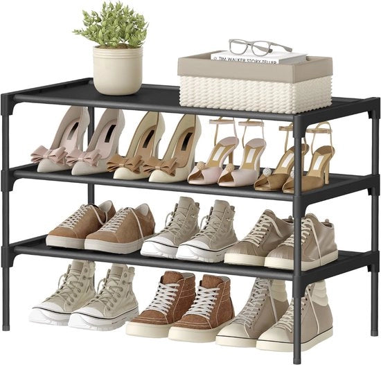 Sistema di Stoccaggio per Scarpe a 3 Livelli – Risparmio di Spazio per la Scarpa in Corridoio, 29,7 x 62,2 x 53,5 cm, Metallo e Tessuto Non Tessuto, Nero Inchiostro