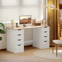 Scrivania con 8 cassetti, salvaspazio e stabile, 140 c, Bianco e Legno naturale