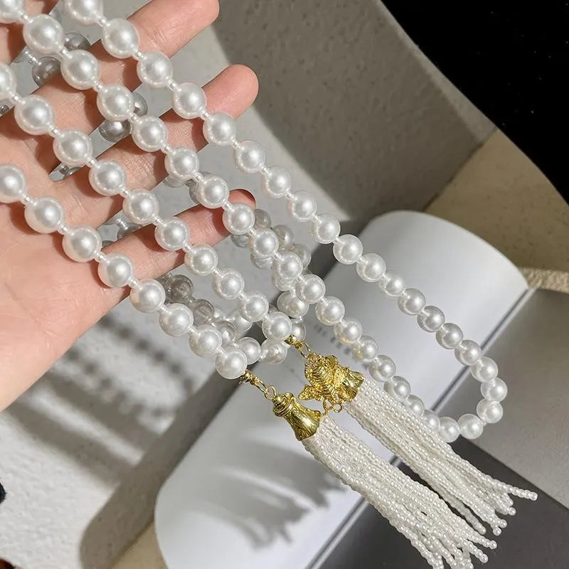 Collana lunga con nappe e perle fatta a mano, regalo di Natale o di compleanno.