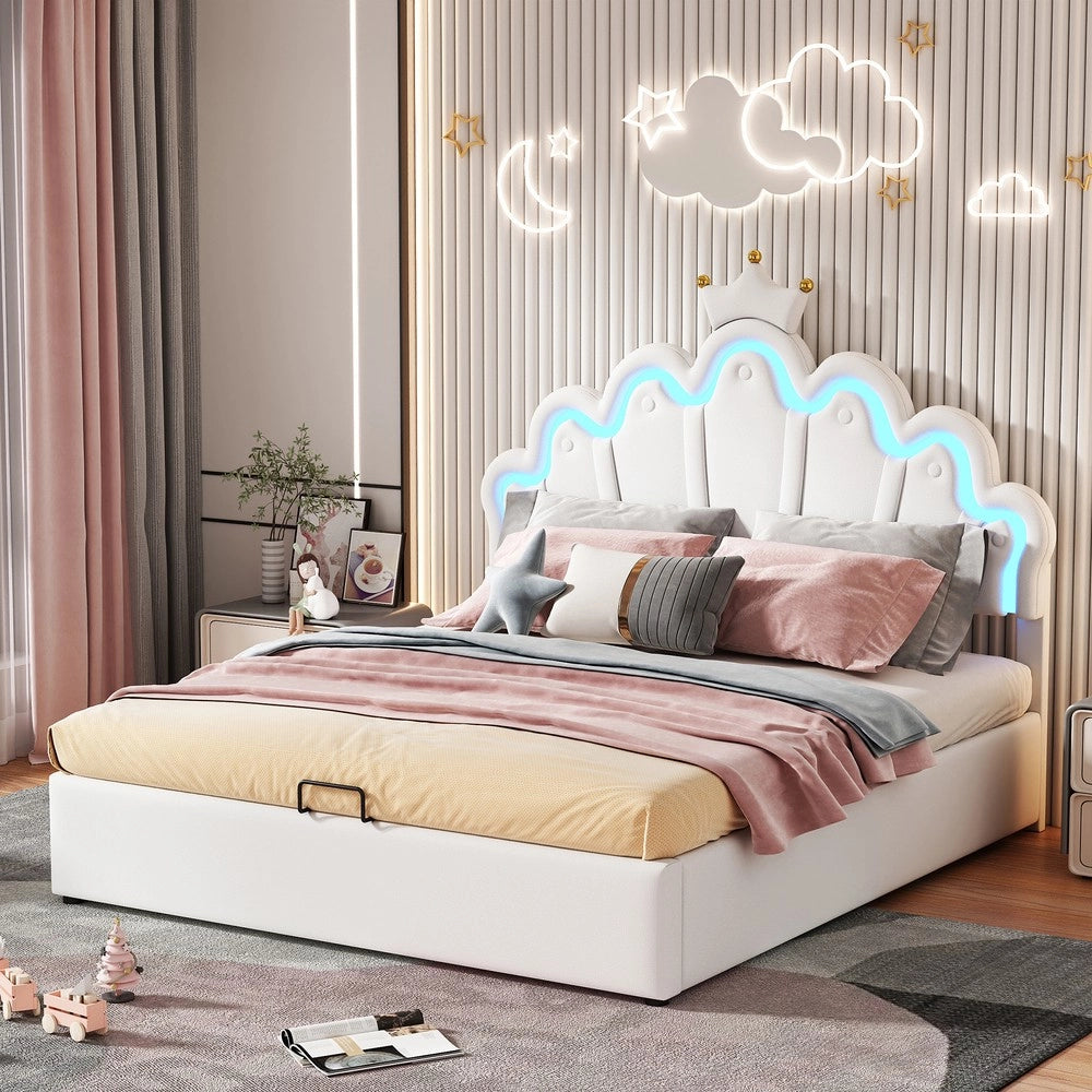 Letto Imbottito con Illuminazione LED e Corona ¨C MINIMAL ¨C Bianco 140x200