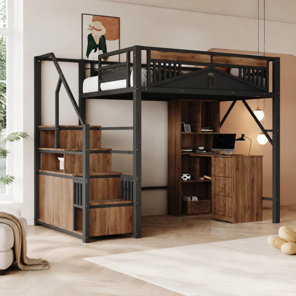 Letto a soppalco in metallo 140x200 cm con scale laterali; sponda finestrata e contenitore; nero