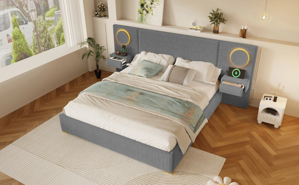 Letto matrimoniale 180x200 in velluto grigio con testiera LED e comodini integrati