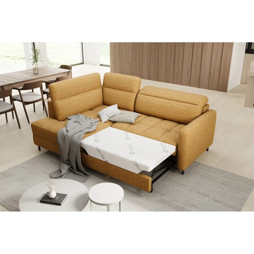 Divano angolare sinistro trasformabile BARNEA 208 cm camel con contenitore