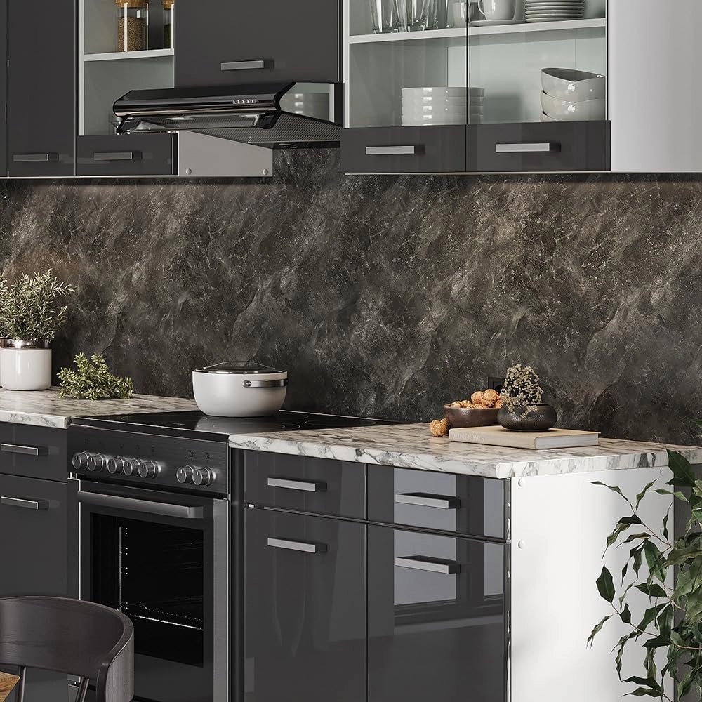 Cucina angolare completa Rick, Antracite lucido, 167 x 60 cm, PL Marmo con striscia LED