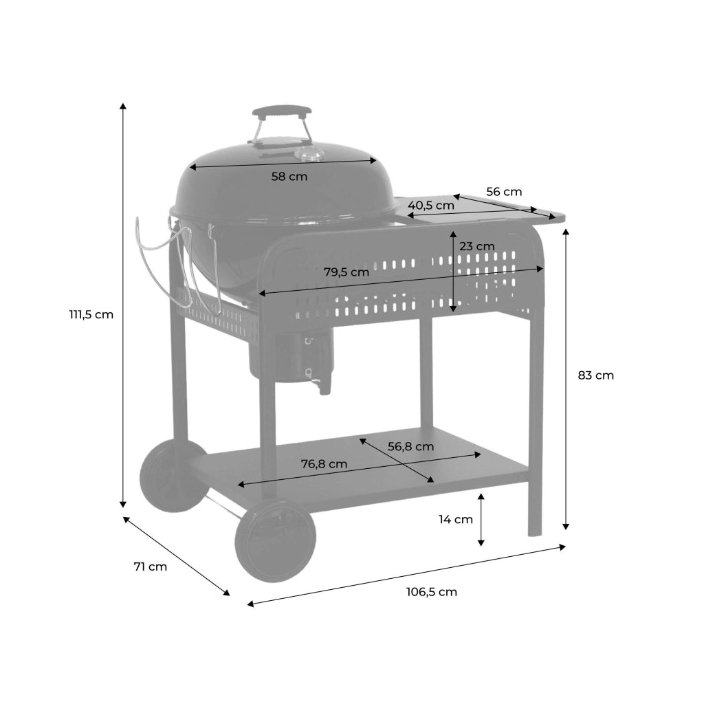 Barbecue rotondo a carbone in acciaio smaltato con carrello, ø53cm,