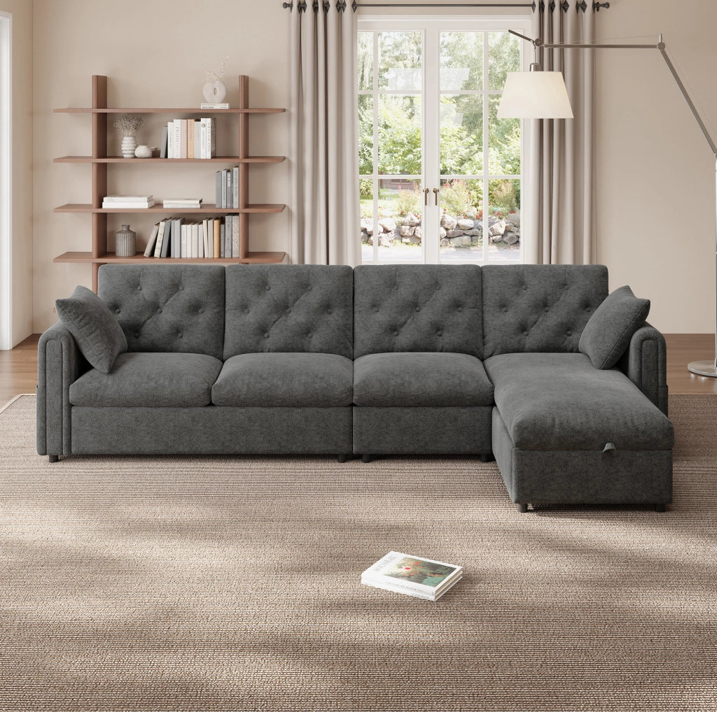 Divano angolare letto 281x132x86 cm con vano contenitore e tasca laterale in velluto grigio