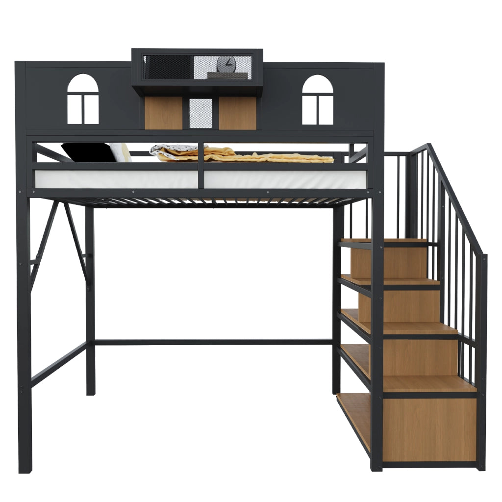 Letto a castello in metallo con scala contenitore e LED, 90x200 cm, nero