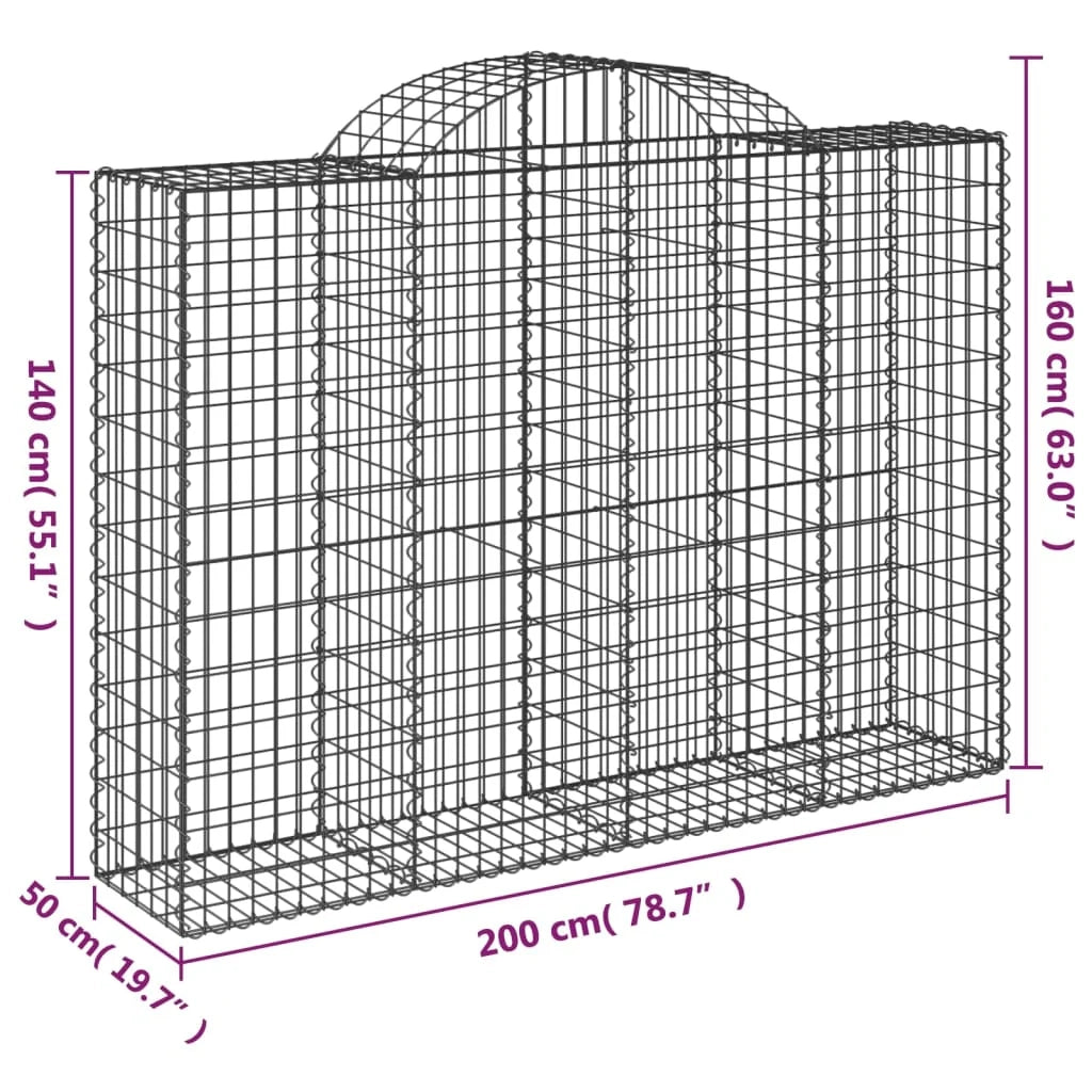 Cestini gabbioni recinzione a gabbia muro di contenimento ad arco 13 pezzi 200 x 50 x 140/160 cm ferro zincato argento 02_0040371
