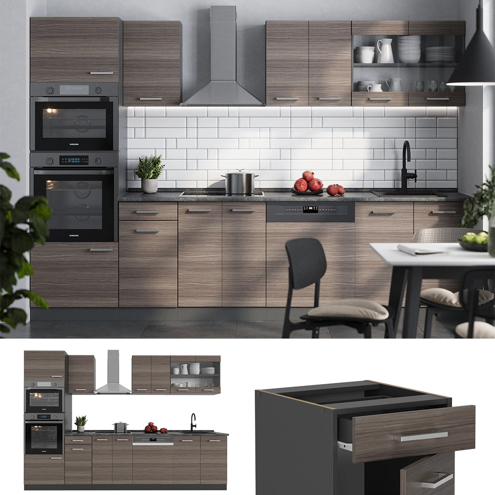 Vicco Cucina componibile Grigio nobile/antracite 300 cm con armadio alto, PL Rovere