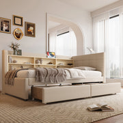 Letto a giorno con 2 cassetti; porta USB e Tipo-C; ripiani e doghe; lino beige; 90x200 cm; senza materasso