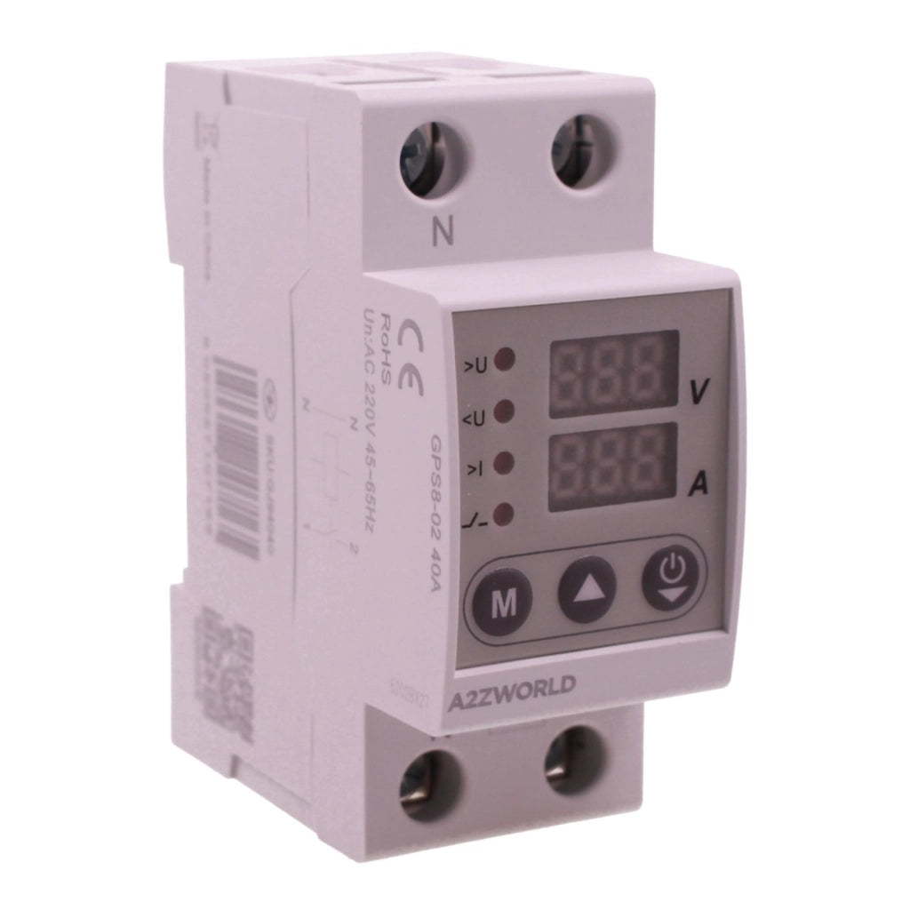 Relè Monitoraggio e Protezione Tensione Corrente con Display, 2P Monofase 40A AC220V, Protezione Sovra/Sottotensione e Sovracorrente, Guida DIN, Ingresso da Sotto, GPS8-02