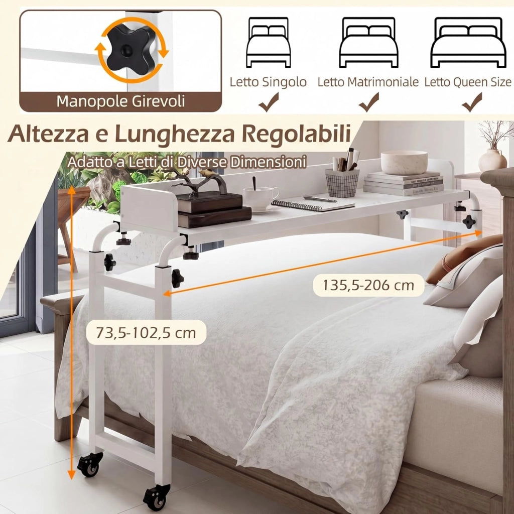 Scrivania da Letto con Ruote, Tavolino da Letto Salvaspazio con Altezza e Lunghezza Regolabili, Telaio in Metallo, Scrivania Portatile per Camera da Letto, Soggiorno e Ospedale (Bianco)