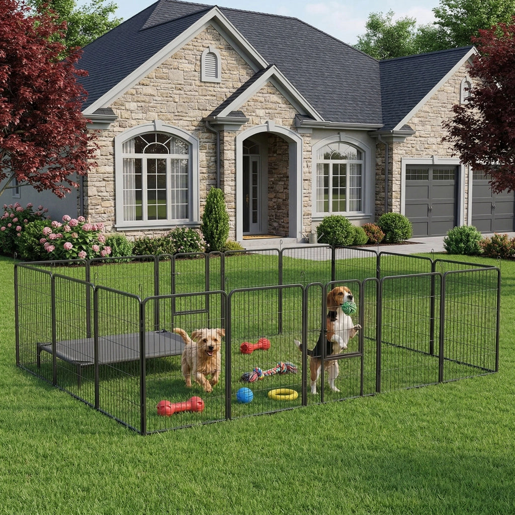Recinto per cani modulare ¨C zephmum ¨C 16 pezzi, 2 porte, 3.2x3.2x1 m, grigio