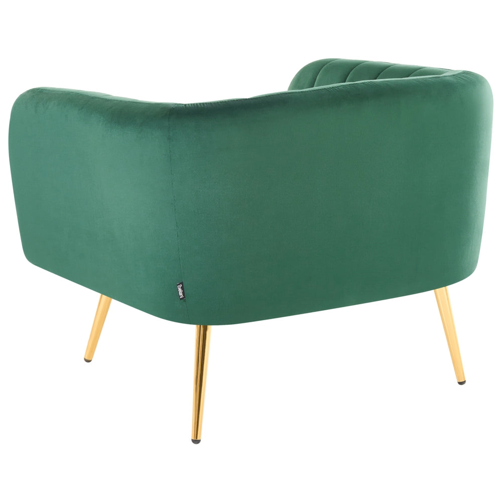 Poltrona Velluto Verde Struttura In Metallo Dorato Con Schienale Tondo Stile Glam