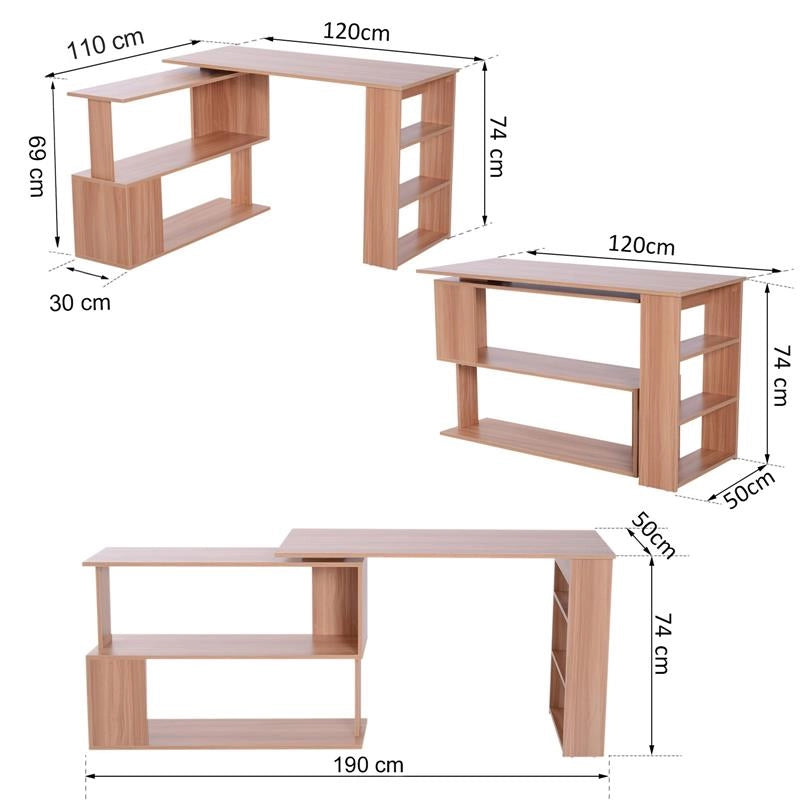 SCRIVANIA AD ANGOLO MULTIPOSIZIONE CON 5 RIPIANI LEGNO 120 X 110 X 74 CM