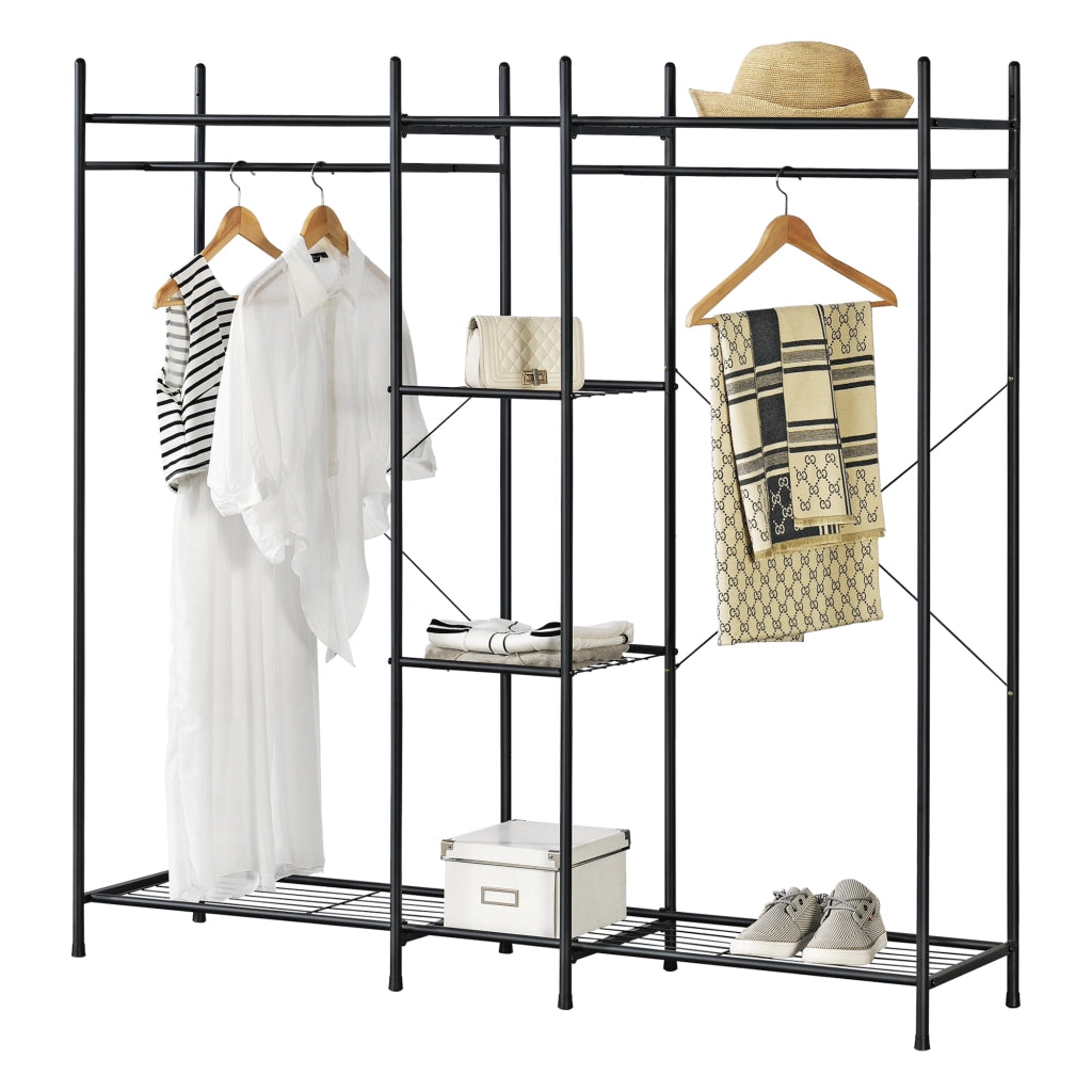 Organizzatore Guardaroba, Scaffalatura con 2 Aste Appendiabiti e 4 Ripiani, Cabina Armadio Senza Ante (AxLaxP) 150 x 150 x 40 cm - Nero, Metallo