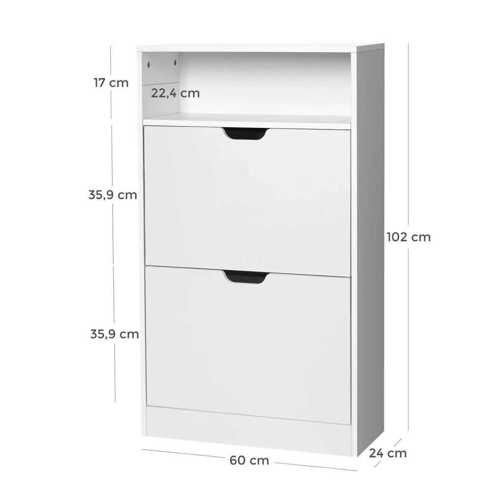 Scarpiera con 2 ante a ribalta scarpiera a 3 ripiani con 1 scomparto aperto impiallacciatura in melamina facile da pulire 60 x 24 x 102 cm bianco 12_0006357
