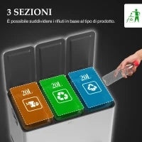 Bidone Immondizia a 3 Sezioni da 20L con Chiusura Silenziosa, in Acciaio Inox e PP, 61.9x36.6x56.7 cm