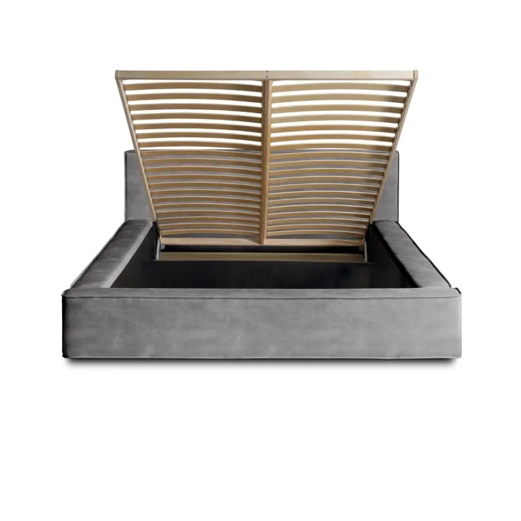 Letto contenitore VELORA – Grigio chiaro – 140x200 cm – Tessuto velluto morbido – Rete sollevabile – Contenitore integrato