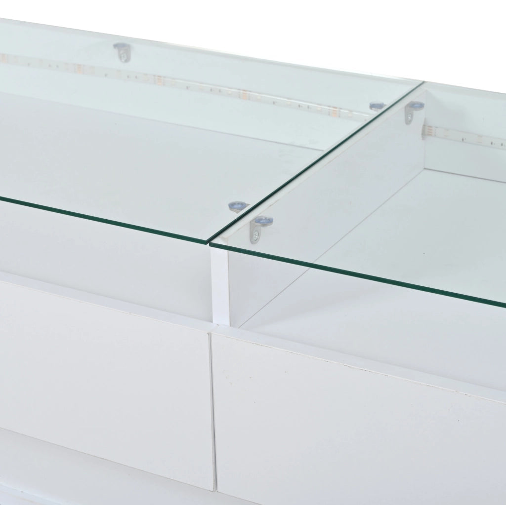 Credenza bianca 140x40x70 cm con LED, vetro e 2 cassetti