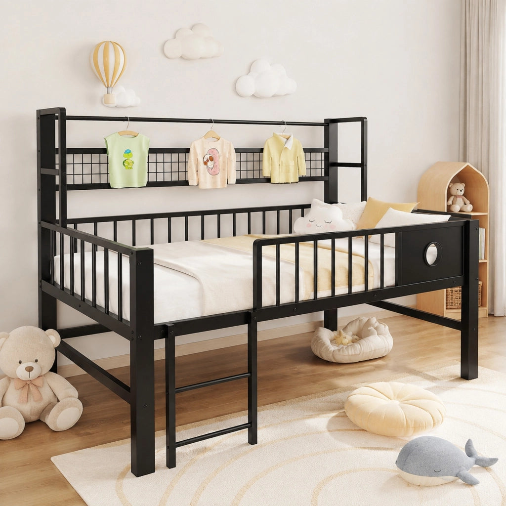 Letto a soppalco basso per bambini 90x200 cm con struttura in metallo; ripiani e barra appendiabiti; nero