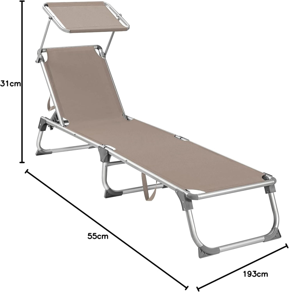 SONGMICS Lettino Prendisole, Sedia a Sdraio Pieghevole in Alluminio, con Parasole e Schienale Reclinabile, 193 x 55 x 31 cm, Max Portata 150 kg, per Terrazzo Piscina Giardino, Tortora GCB19BR