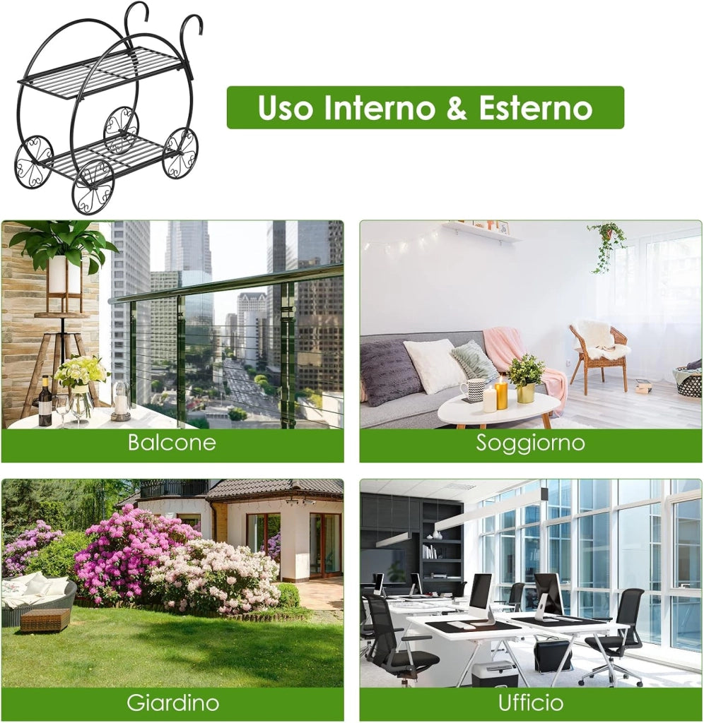 Scaffale per Piante in Metallo, Scaffale Portavasi a 2 Livelli con 4 Ruote, Porta Fiori da Interno ed Esterno per Soggiorno, Giardino e Balcone