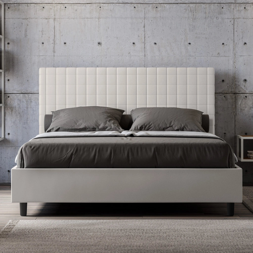 Letto Matrimoniale 160x210 cm con Rete e Contenitore con Testata e Alzata Comoda Imbottito in Similpelle Sunny Bianco