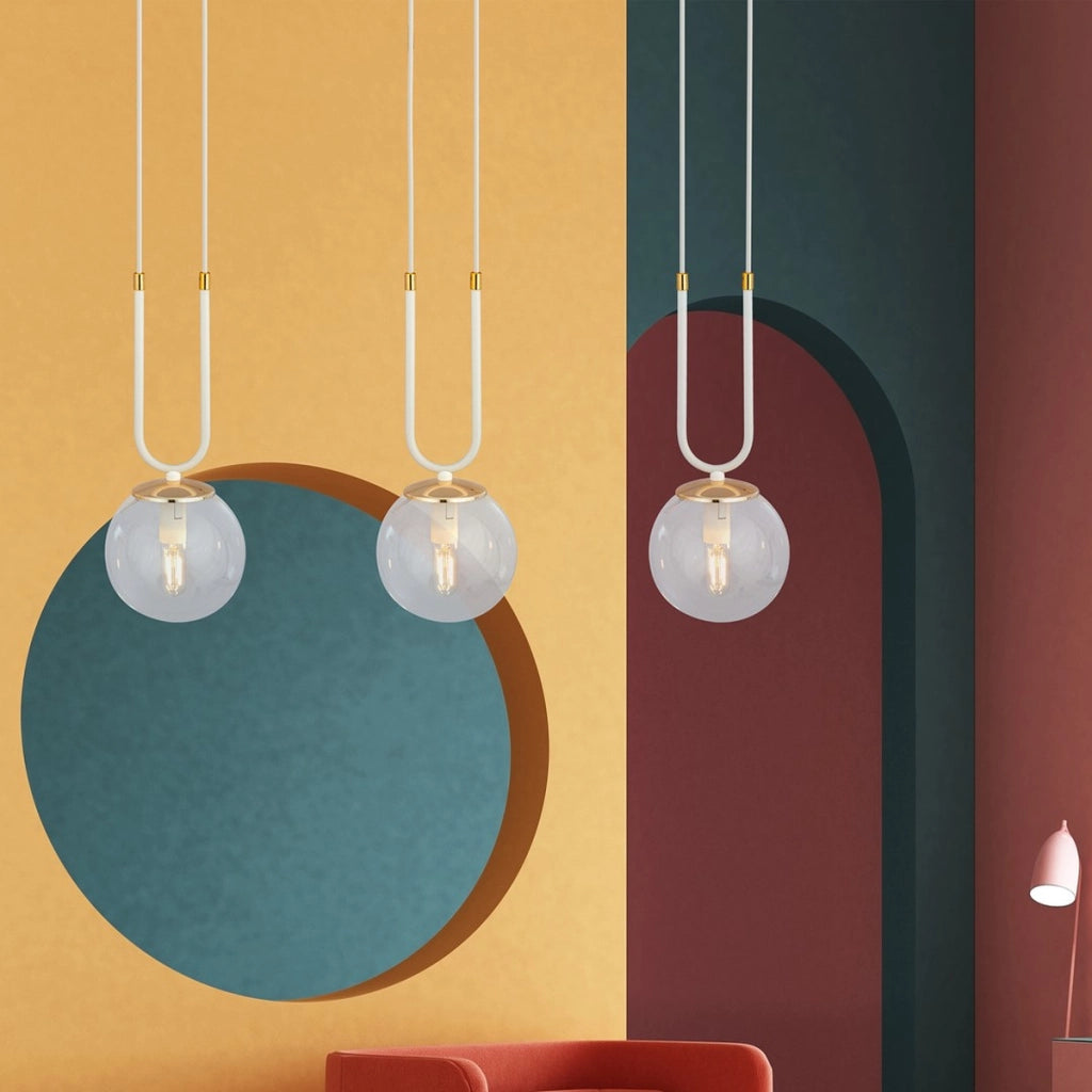 Lampada a sospensione GLAM in acciaio bianco e vetro con dettagli oro