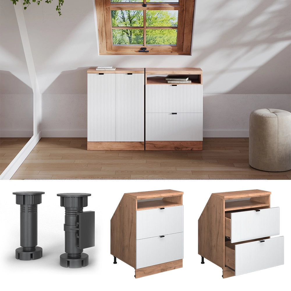 Mobile sottotetto Rion Ondulazione bianca/Rovere dorato 60 x 83.8 cm con 2 cassetti, carcassa 60 cm profondità Vicco