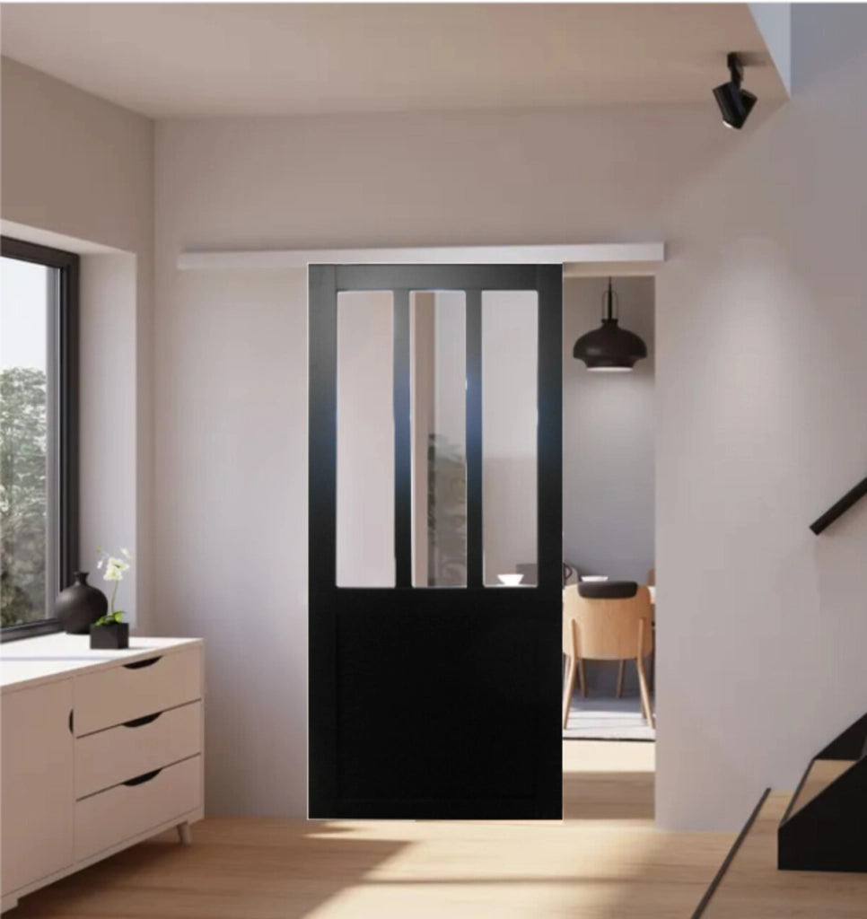 Officina di porte scorrevoli con vetro trasparente rivestito di nero H204 x L93 + binario in alluminio