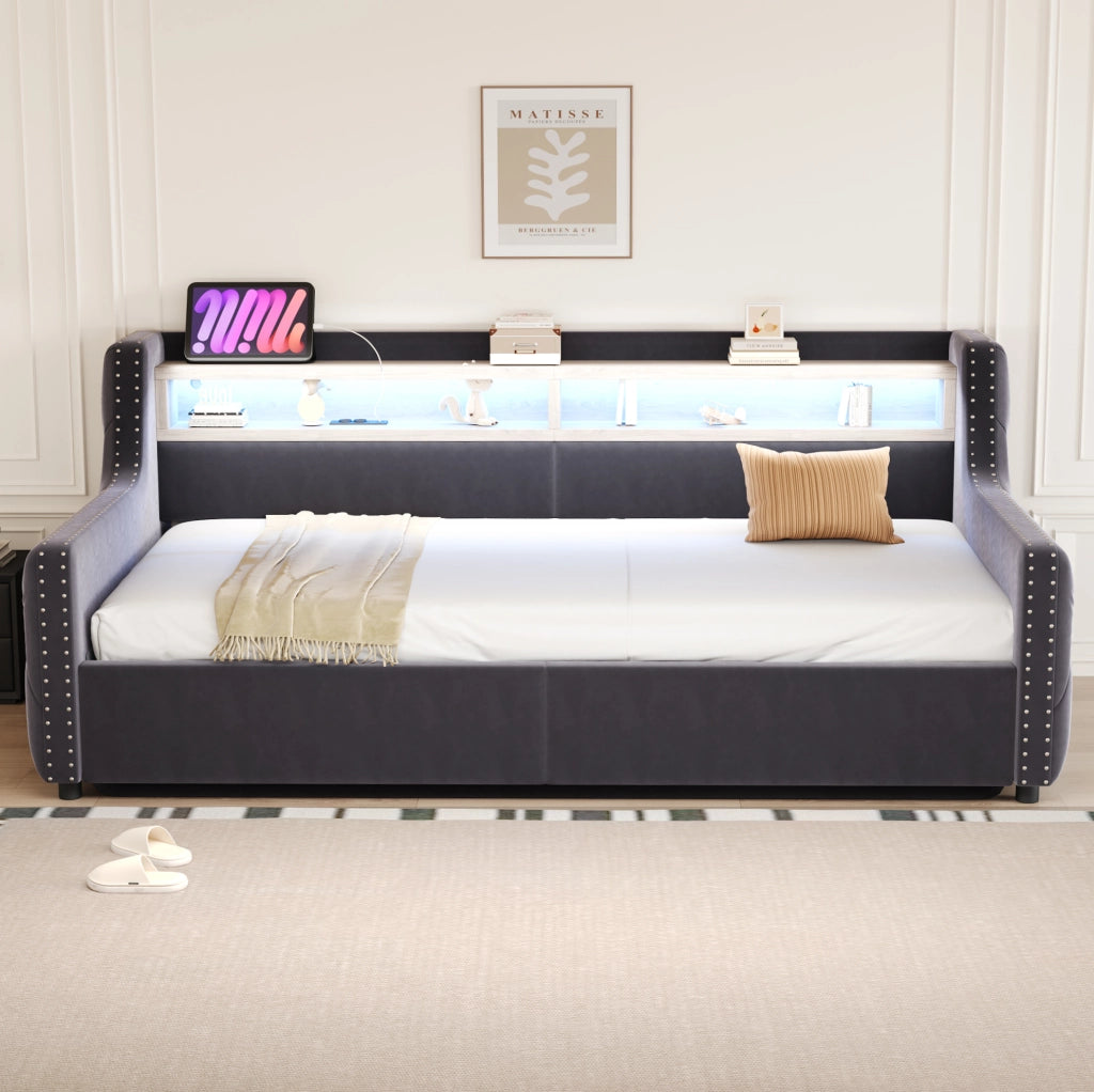 Divano letto 90x200 cm con contenitore idraulico; LED e ricarica USB-C in velluto grigio