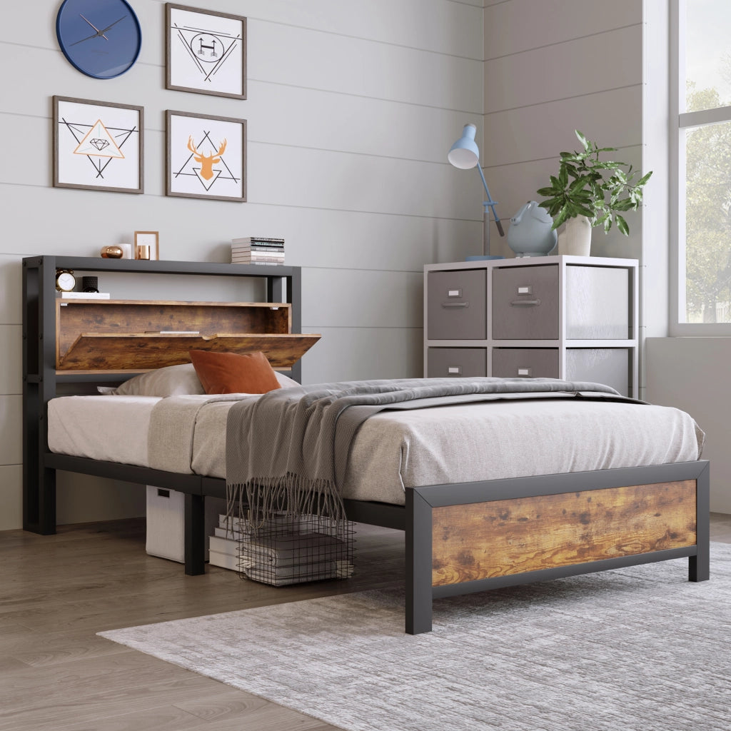 LETTO 90x200 cm in metallo e legno con testiera contenitore, naturale