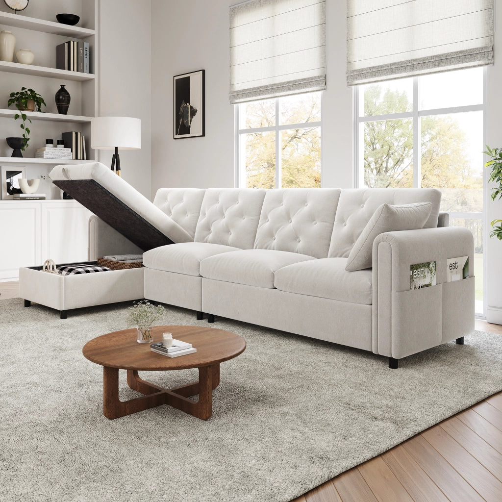 Divano angolare letto con contenitore e tasche laterali in velluto beige