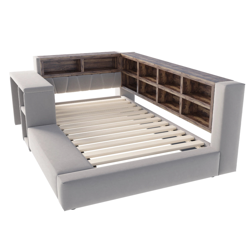Letto Singolo 90x200 cm; con Contenitore; LED; Prese e Tavolino; in Grigio Scuro