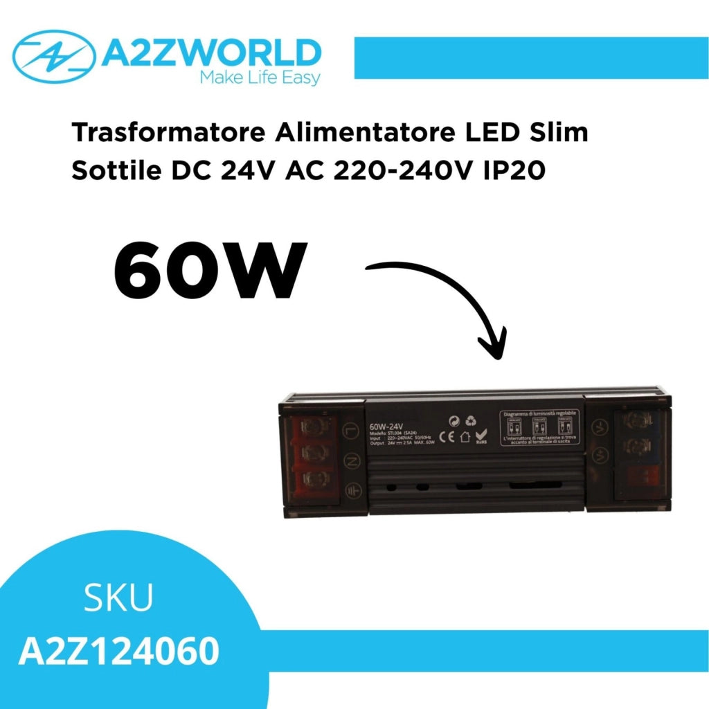 Trasformatore Alimentatore LED Slim Sottile 60W DC 24V AC 220-240V IP20 Dimmerabile a DIP con Coperchio Protezione su Morsetti 119x35x25mm