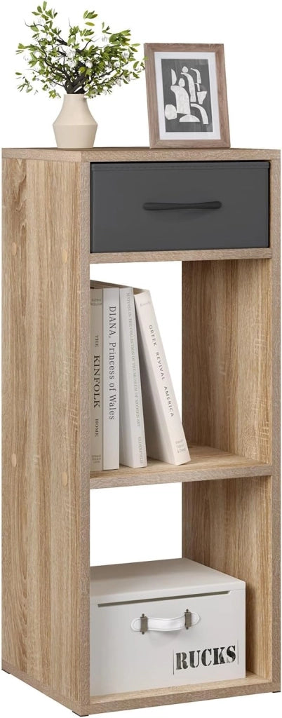 Libreria da Terra, Unità di Stoccaggio a Cubo a 3 Livelli con Cassetto, Unità di Scaffale in Piedi Scaffale a Cubo Aperto, per Studio, Camera da Letto e Soggiorno, Rovere chiaro, SK055hei
