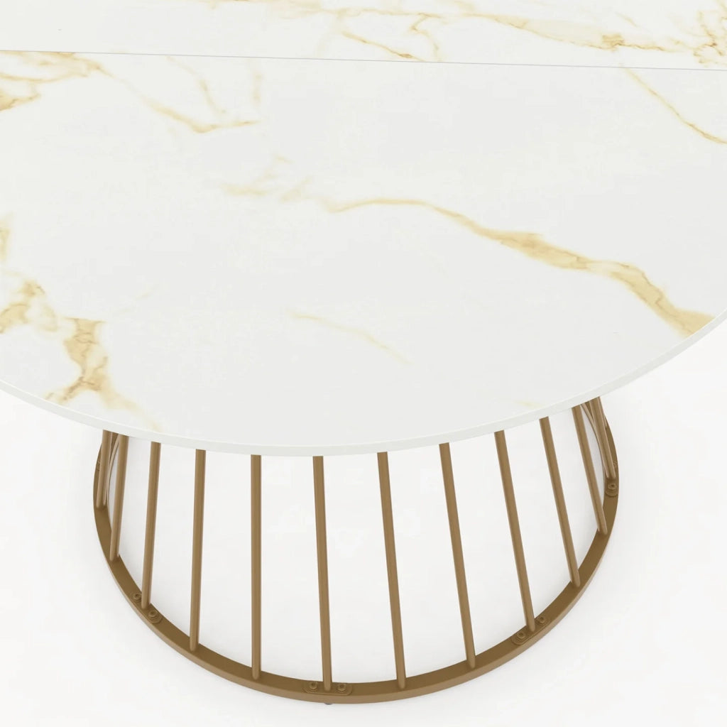 IDMarket - Tavolo da pranzo rotondo YUNA per 6 persone con base in filo d'ottone e piano ALASKA 110 cm effetto marmo bianco