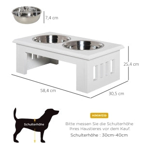 Stazione di alimentazione rialzata per cani con 2 ciotole in acciaio inox, 58,4 x 30,5 x 25,4 cm, MDF, bianco