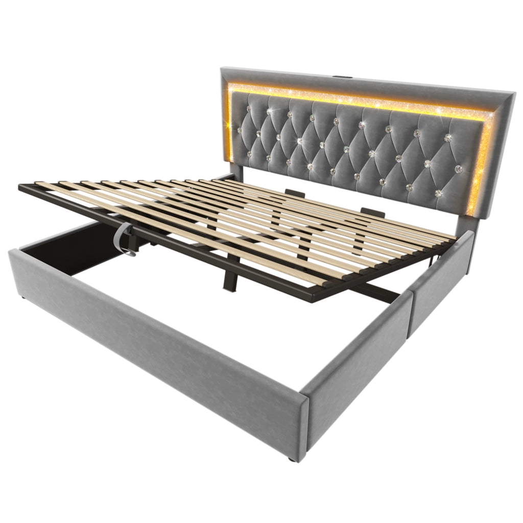 Letto matrimoniale 180x200 cm in velluto grigio con LED, porta USB e USB-C, contenitore idraulico