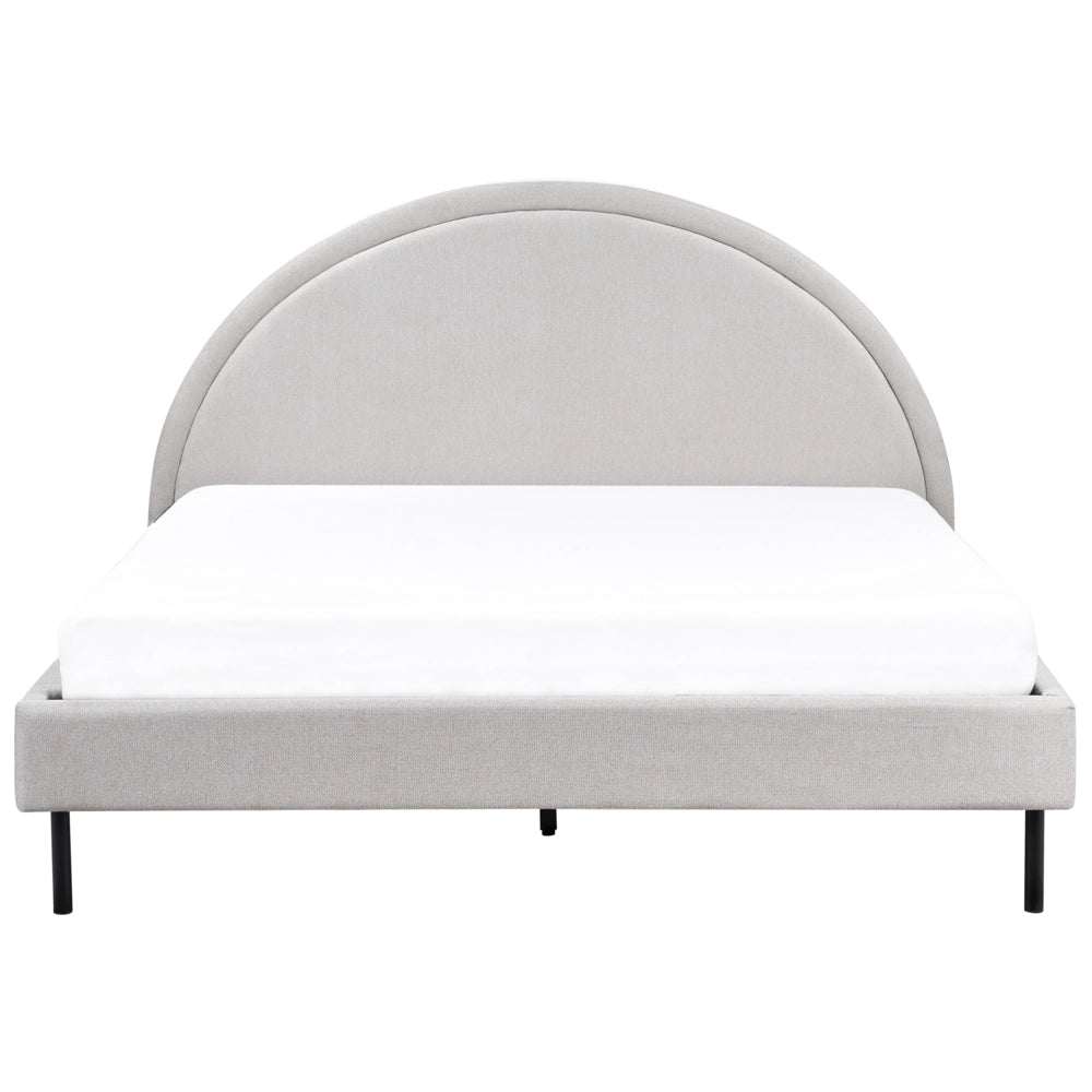 Letto matrimoniale in tessuto grigio imbottito con base a doghe e testiera rotonda 160 x 200 cm minimalista retrò