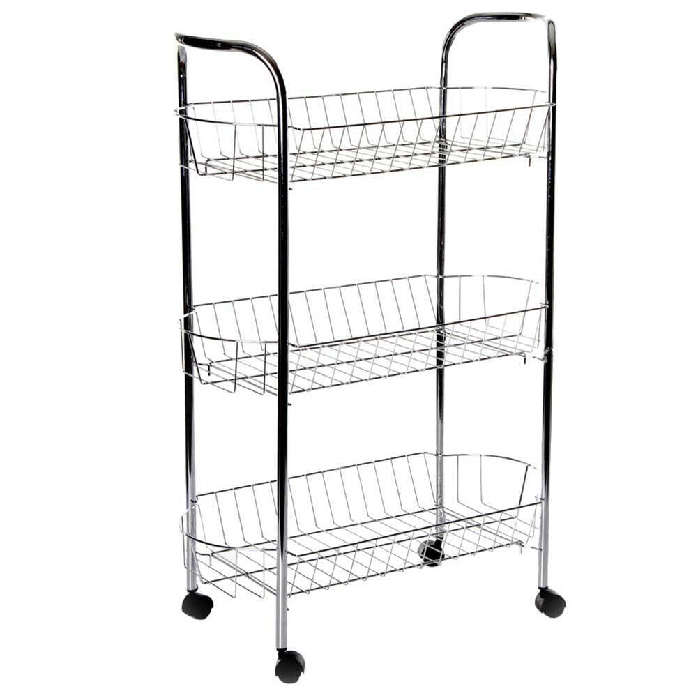 Carrello Cucina in Metallo con 3 Cestelli 4 Ruote per Frutta Verdura 51x26x74cm