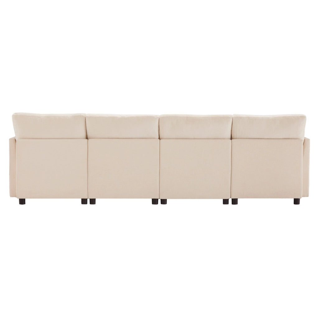 Divano modulare 4-6 posti in ciniglia beige con 2 pouf
