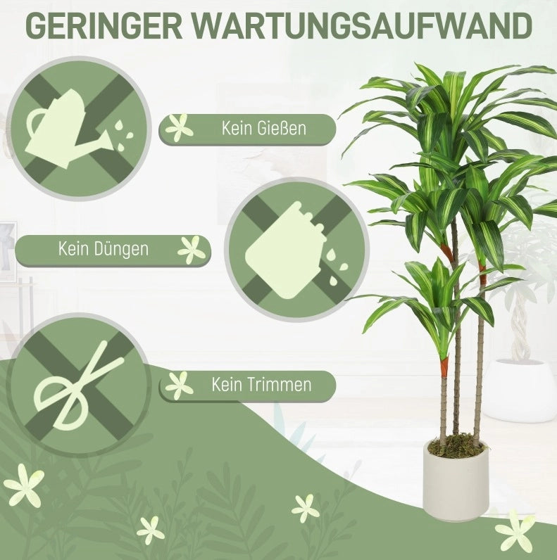 Dracaena artificiale 120 cm in plastica verde, steli flessibili, vaso bianco