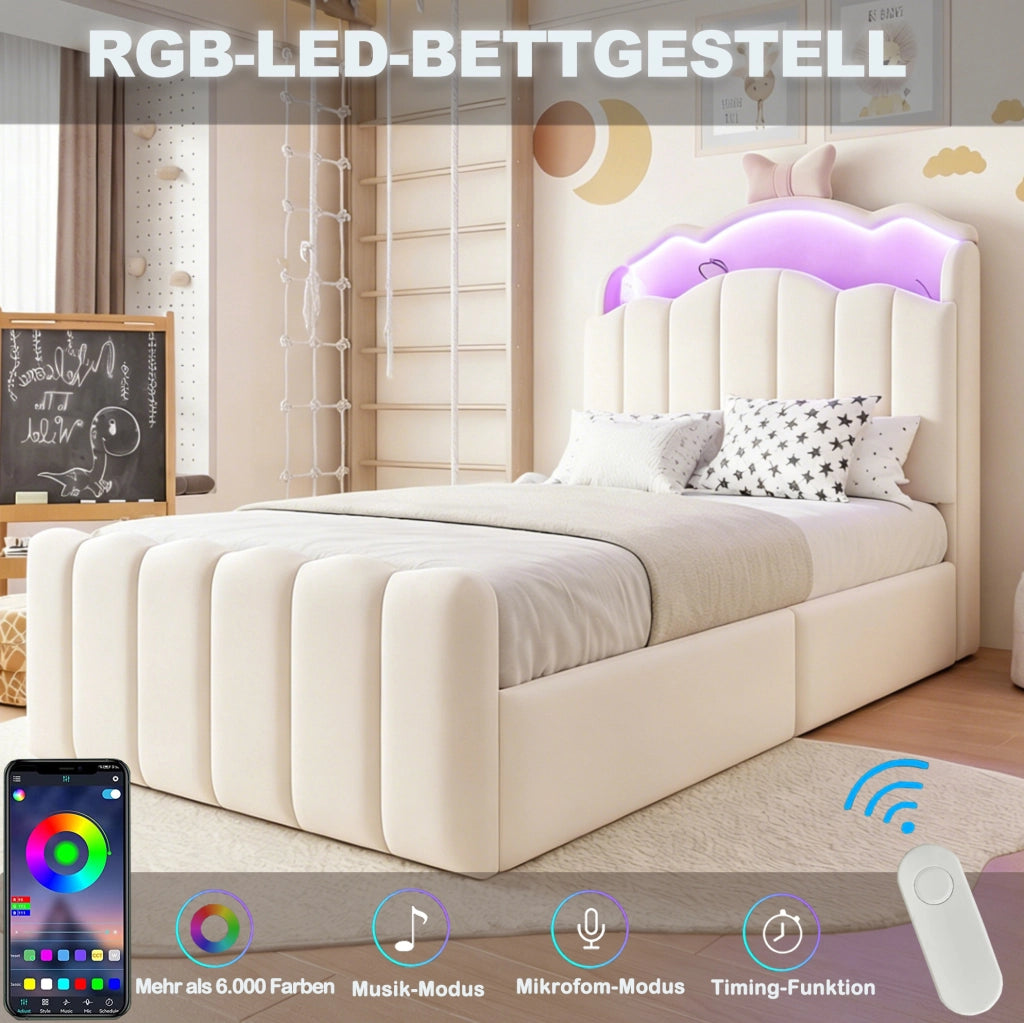 Letto imbottito per bambini 90x200 cm con LED e contenitore
